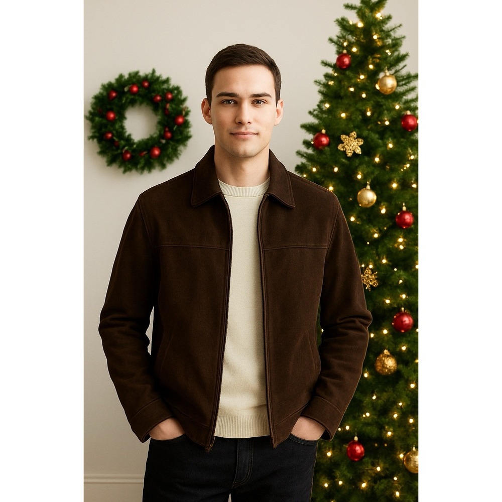 NWT Mens Dark Brown Genuine Suede‎ Leather Harrington Bomber Jacket Full Zip XL